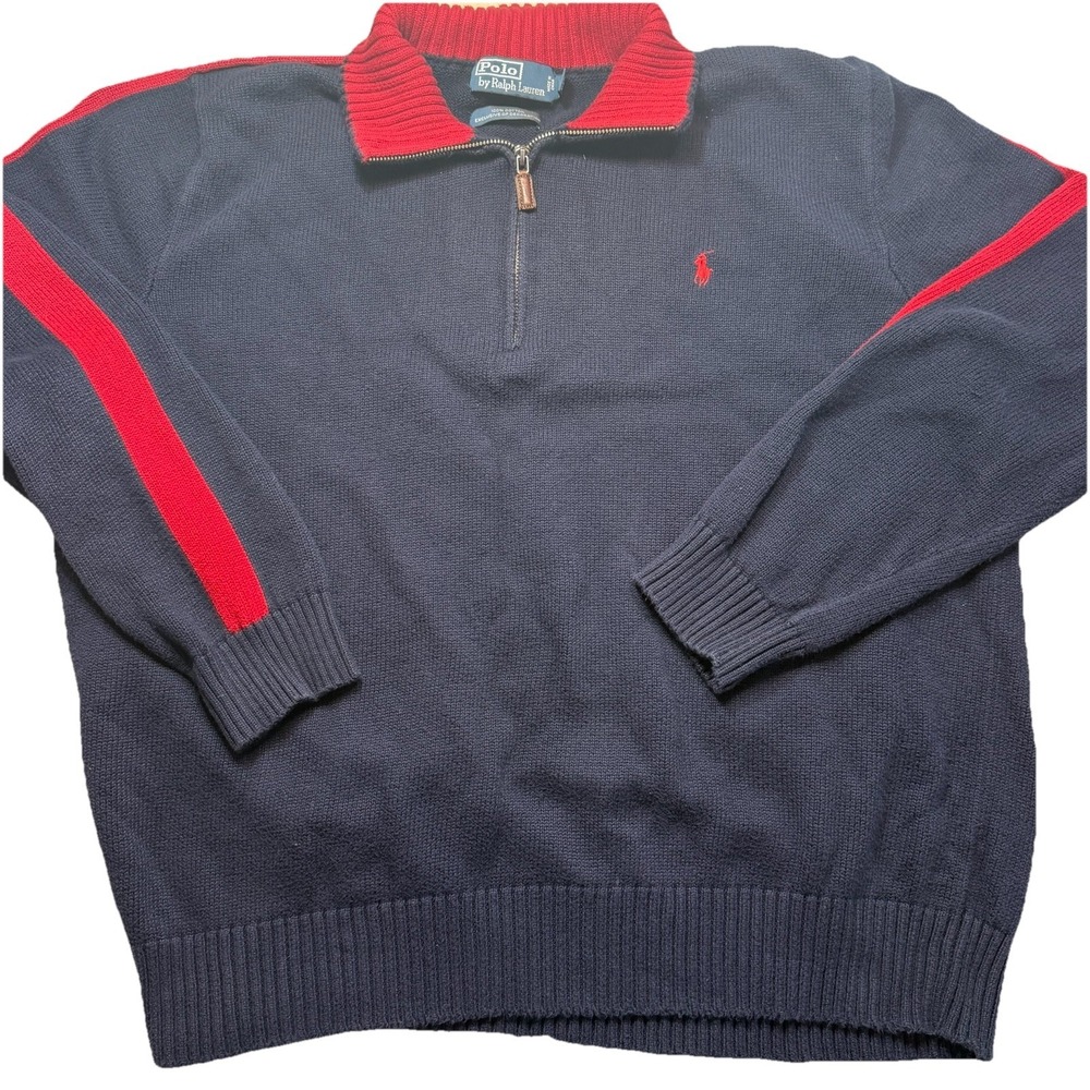 Vintage 90s Polo Ralph Lauren 1/4 Zip Knit Sweater Navy Red Striped XXL
